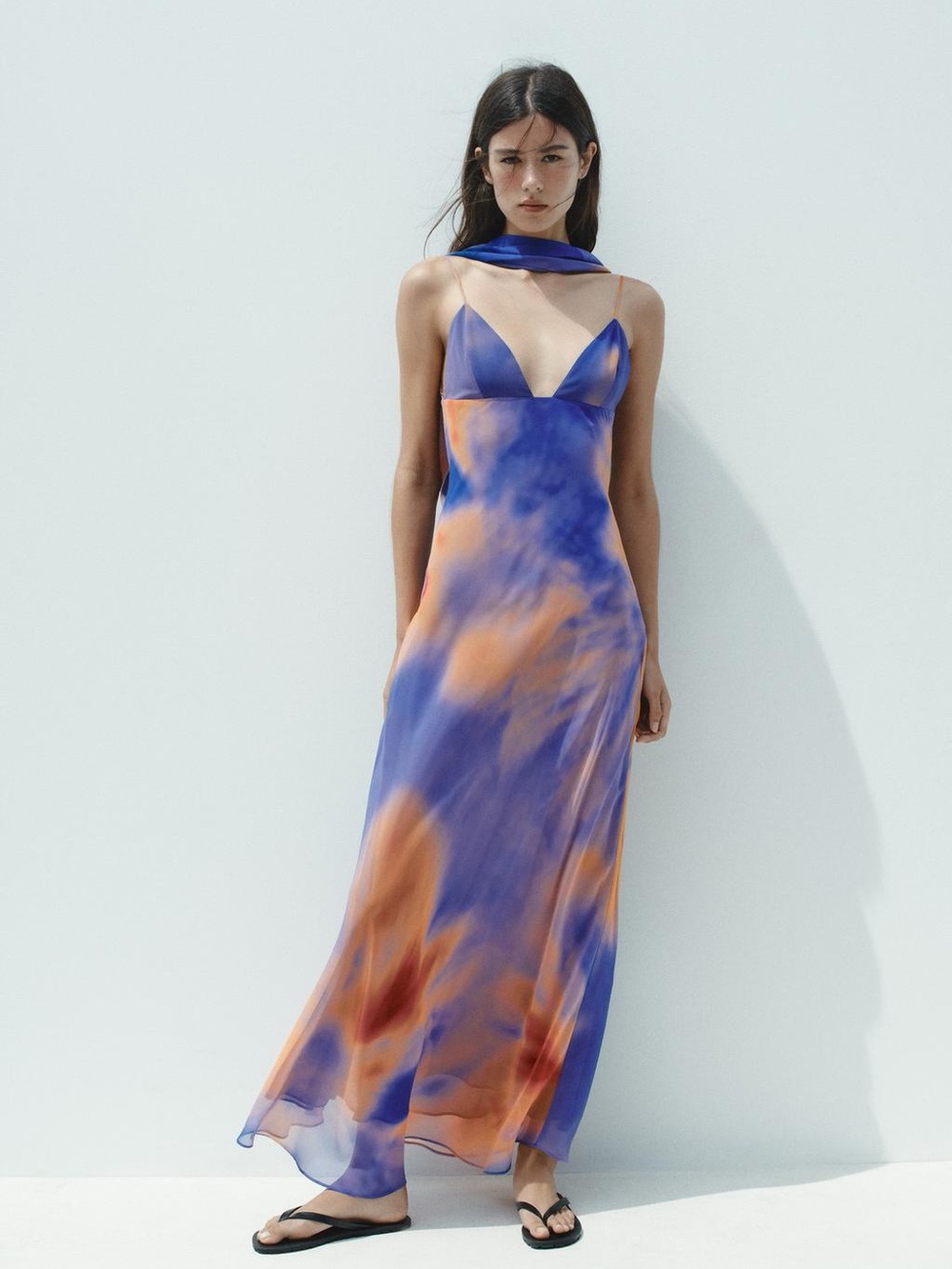 ZARA Blue & Orange Foulard Print Slip Maxi Dress w attached Scarf M NWT